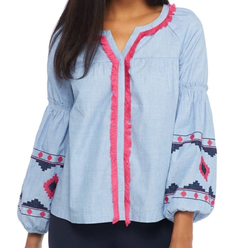 Crown & Ivy Embroidered Top w/ Bell Sleeves Petite